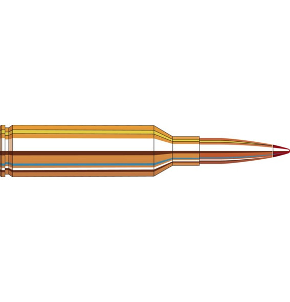Illustration of a Hornady 6.5 PRC 143 Gr ELD-X ammunition cartridge. The diagram shows a sectional view with the bullet, casing, and internal components like the propellant. The bullet tip is colored red, and the casing is depicted in brass tones, with distinct layers indicating the bullet jacket and core. This precision engineered round is designed for long-range shooting, featuring the ELD-X bullet known for its excellent ballistic coefficient and terminal performance.
