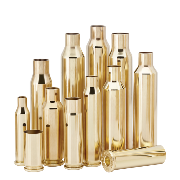 The image features a set of Hornady brass casings for 22-250 Remington, unprimed, with a quantity of 50. The casings have a shiny, golden appearance, characteristic of new brass, and vary in size, suggesting different calibers or lengths. This setup is typically used for reloading ammunition, where precision and quality of the casings are crucial for performance.