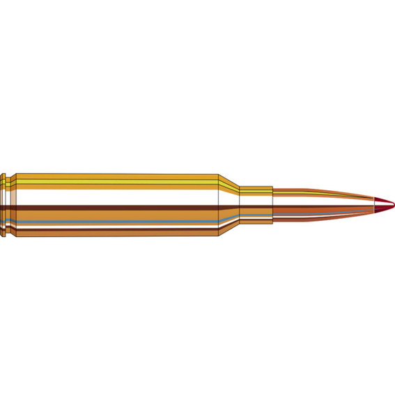 The image shows a diagram of Hornady ammunition, specifically the 7mm PRC 175 Gr ELD-X cartridge. The diagram is color-coded to display different components of the bullet: the copper jacket in orange, the lead core in gray, and the red polymer tip at the front. This design highlights the bullet's internal construction and emphasizes its precision-engineered shape, ideal for extended-range performance and hunting applications.