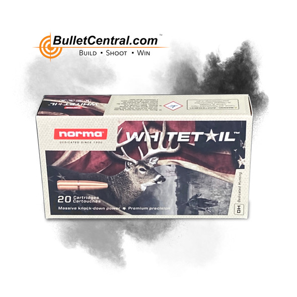 Box of Norma WHITETAIL 300 Win Mag ammunition with 150 grain PSP bullets, containing 20 rounds. The packaging prominently features an image of a whitetail deer, emphasizing the ammunition's effectiveness for large game hunting. The product number 20177412 is detailed on the box, which is designed with a smoky gray background and the BulletCentral.com logo at the top, enhancing its visual appeal for hunters.