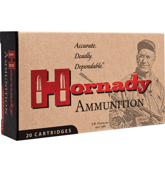 The image features a box of Hornady Ammunition for the 6.5 Creedmoor 140 Gr ELD Match. The packaging is designed with a vintage look, incorporating a natural cardboard color background and the iconic red Hornady logo prominently displayed. A historical figure, perhaps a founder or notable marksman, is illustrated in sepia tones on the left side of the box, adding a touch of heritage and tradition. This product box holds 20 cartridges, as indicated by the text on the bottom.