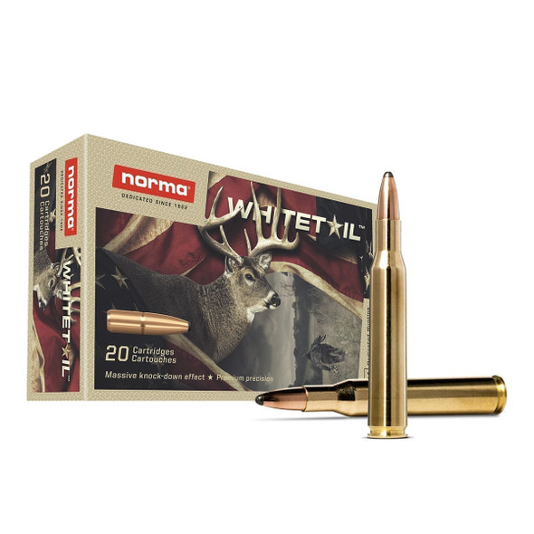 The image shows a box of Norma Whitetail .270 Winchester ammunition, which contains 20 cartridges. Each cartridge is loaded with a 130-grain Pointed Soft Point (PSP) bullet. This type of bullet is designed to offer controlled expansion and deep penetration, ideal for deer hunting. The design of the PSP is aimed at hunters who need a reliable performance over varying distances, making it suitable for medium to large game. The packaging features a graphic of a deer, emphasizing its use for deer hunting, and highlights the product's commitment to precision and effectiveness.