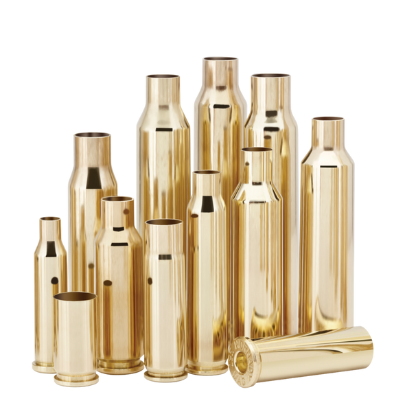 The image shows a collection of 6mm Creedmoor brass casings by Hornady. These unprimed cases are specifically designed for reloading and are noted for their consistency and high quality, making them a popular choice among precision shooters and reloaders. The brass has a shiny, golden appearance and is displayed in various sizes, indicating different case capacities. These are unprimed, indicating they are ready for the reloading process where the primer, powder, and bullet are added.