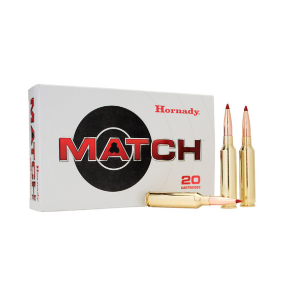 The image displays a box of Hornady 7mm PRC 180 Gr ELD Match ammunition, prominently featuring the brand's logo and product design. The box is white with red and black accents, and the central logo "MATCH" is emphasized in a large, bold font. Next to the box are three individual cartridges, visually illustrating the product contained within. Each cartridge shows a brass casing and a pointed bullet, designed for precision shooting. The packaging and bullets are designed for consumers seeking high-performance ammunition for competitive and tactical shooting scenarios.