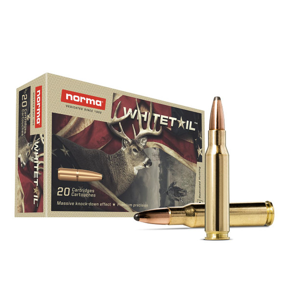 The image depicts a box of Norma Whitetail ammunition, specifically .308 Winchester cartridges with a 150-grain Pointed Soft Point (PSP) bullet. This ammunition is designed for hunting, particularly suitable for medium to large game such as deer, as suggested by the "Whitetail" name and the imagery on the box. The .308 Winchester is well-known for its excellent ballistics, effective range, and versatility in hunting different game sizes. The PSP bullet type is favored for its balance between penetration and expansion, making it a good choice for ensuring a humane kill by creating a broad wound channel without over-penetration.