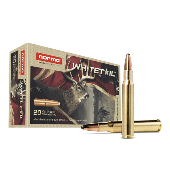 The image you provided features a box of Norma Whitetail ammunition in the .30-06 Springfield caliber, each loaded with a 150-grain Pointed Soft Point (PSP) bullet. This ammunition is specifically marketed for hunting white-tailed deer, which is emphasized by the artwork on the box featuring a deer. The .30-06 Springfield is a versatile and widely used cartridge that is effective for hunting a variety of large game across significant distances. The PSP bullet design combines aerodynamics for accuracy and a soft point for controlled expansion upon impact, making it an excellent choice for ensuring clean and ethical kills.