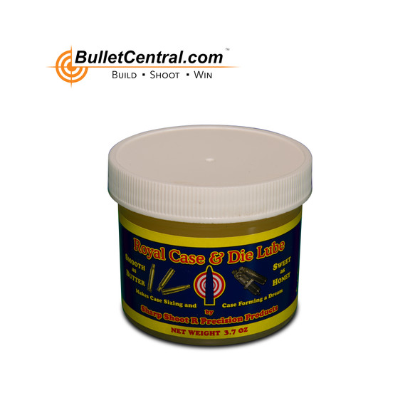 Jar of SharpShoot-R Royal Case & Die Lube, 3.7 oz size. The container is a clear plastic jar with a white lid and a colorful label featuring blue and yellow themes. The label describes the product as ideal for reloading applications, helping to prevent stuck cases and promoting easy bullet seating and extraction. This lube is favored by ammunition reloaders and shooting enthusiasts for its efficiency and reliability in preparing cases and dies.