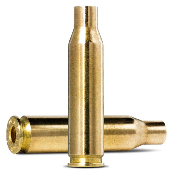 Two pieces of Norma brass for 7mm-08 Remington, displayed side by side. The casings feature a polished golden finish with clean, precise dimensions for reloading. The image highlights the robust and high-quality construction of the brass, ideal for shooters looking to reload their own ammunition with reliable and consistent components.