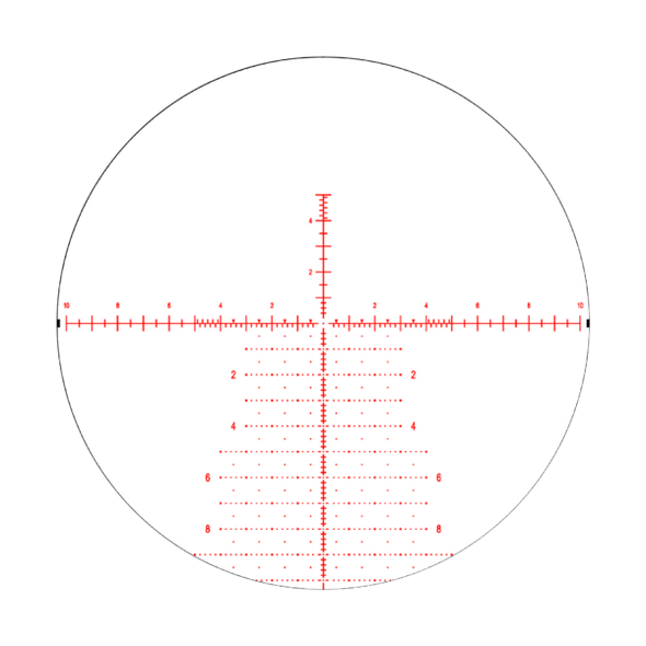 APR-2D MRAD reticle, which is a type of precision aiming reticle used in some rifle scopes, such as the Element Optics Theos 6-36x56 FFP scope you mentioned earlier. This kind of reticle has a complex grid of dots and hash marks that allow shooters to measure distances, size objects, and make ballistic and windage corrections without the need for physical adjustments on the scope's turrets. The MRAD measurements are a standard used for long-range shooting, with one MRAD typically corresponding to a displacement of 10 centimeters at a distance of 100 meters. The reticle design is especially useful for first focal plane (FFP) scopes because the scale of the reticle remains constant relative to the target, regardless of magnification level, allowing for accurate calculations and adjustments across different magnification settings.