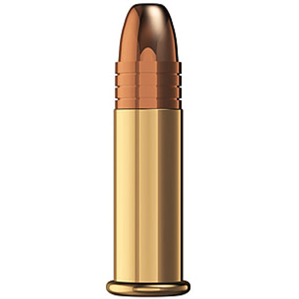 A single .22 LR Norma Hunter Power bullet, showcasing a polished brass casing and a copper hollow point tip. This design is optimized for high velocity and flat trajectory, making it ideal for small game hunting and precision shooting. The image highlights the bullet's smooth profile and grooved casing, which enhances its performance and reliability in various shooting conditions.