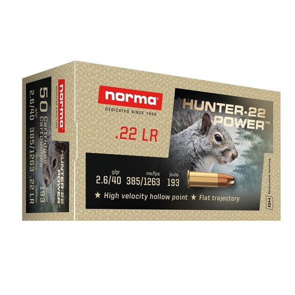 Box of Norma Hunter Power .22 LR ammunition, with product number 2425096, containing 50 rounds. The box features an image of a squirrel, emphasizing the ammunition's suitability for small game hunting. It boasts high velocity hollow point bullets with a flat trajectory, ideal for precision shooting. The packaging is beige with detailed specifications and performance metrics, targeting hunters and sport shooters looking for effective .22 caliber rounds.