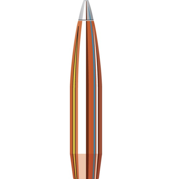 The image showcases a Hornady A-Tip Match bullet, designed for .22 caliber rifles, with a weight of 90 grains and optimized for a 1-7" twist rate, part number 2286. The bullet is uniquely designed with a long, sleek body and a distinctively sharp tip for enhanced aerodynamics and precision. The body features a multi-colored anodized aluminum tip which aids in ballistic stability and accuracy. The bullet's construction is visualized in layers, displaying various internal components in shades of copper, silver, and gray, demonstrating its complex engineering. This detailed view underscores the bullet's advanced design, suited for competitive shooting and precision targeting. The quantity of 100 bullets highlights its availability for bulk purchase by competitive shooters and enthusiasts alike.