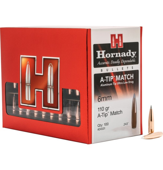 This image displays a box of Hornady A-Tip Match bullets, designed for 6mm caliber rifles with a .243 diameter and 110 grain weight, optimized for a 1-7.7" twist barrel, with part number 24531. The box is prominently featured in vibrant red with the distinctive Hornady logo in white. A clear plastic window on the box showcases the bullets inside, which are characterized by their sleek design and metallic finish, reflecting their high-quality construction and precision for competitive shooting. The package indicates a quantity of 100 bullets, suitable for enthusiasts and competitive shooters who prioritize accuracy and performance in long-range shooting. The visual arrangement and clear labeling on the box provide essential information at a glance, enhancing the marketing appeal for these precision-engineered bullets.