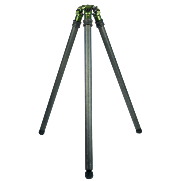 FatBoy Elevate Tripod, depicted with two sturdy sections, features a sleek black carbon fiber build with subtle green accents, designed for robust support and portability for photography gear.