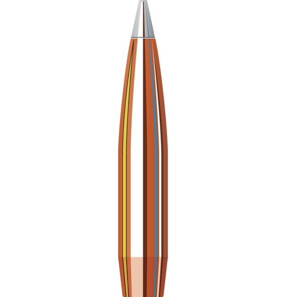 Illustration of a Hornady 30 Cal .308 250 grain A-Tip Match bullet, product number 3092, designed for a 1-8.5" twist rate. This high-performance bullet features a copper body with aerodynamic colored bands and a precision silver tip, engineered for stability and accuracy. Ideal for long-range shooting competitions, highlighted with a focus on its advanced design and features.
