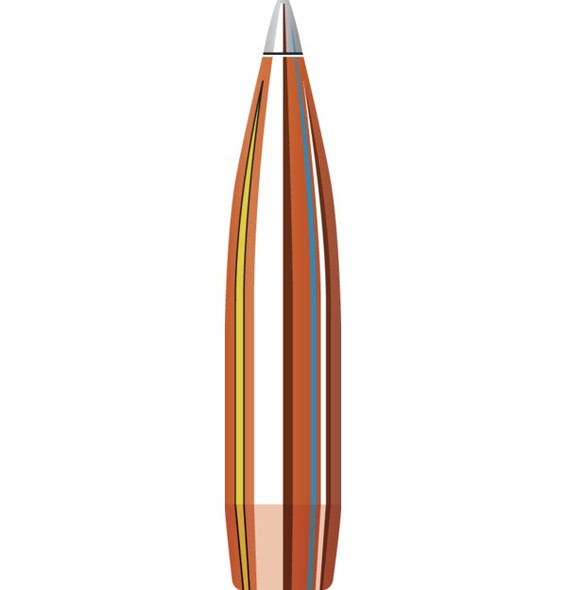 Illustration of a Hornady 7mm .284 166 grain A-Tip Match bullet, product number 2836, designed for a 1-9.25" twist rate. This high-performance bullet features a copper body with aerodynamic colored bands and a precision silver tip, engineered for stability and accuracy. Ideal for long-range shooting competitions, highlighted with a focus on its advanced design and features.