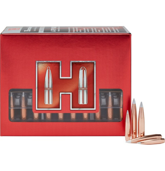 Box of Hornady 7mm .284 190 grain A-Tip Match bullets, product number 28506, quantity 100. Displayed in a red box with the Hornady logo, featuring clear windows that showcase the neatly arranged copper-colored bullets with precision silver tips. Designed for precision shooting with a 1-8" twist rate, the packaging emphasizes the bullets' specifications and suitability for long-range competitive shooting.
