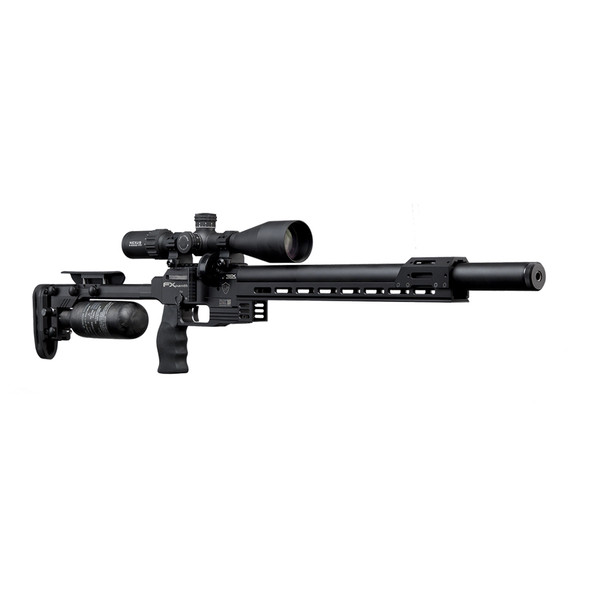 FX Airguns Panthera 500 air rifle in .25 caliber, model FXP633620, displayed with a mounted scope and black finish. This high-end airgun features an elongated barrel, tactical rail system, and an adjustable buttstock for precision shooting. The design is optimized for both sports shooting and hunting, providing exceptional accuracy and performance.