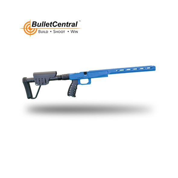 XLR Industries Element 4.0 MG Chassis, tailored for the Remington 700 Short Action, is featured in this image, finished in a vibrant Ridgeway Blue. This chassis is engineered for optimal performance, featuring a Smoke Carbon Buttstock and a Carbon Fiber Ultralight Grip to reduce overall weight without compromising strength. The folding capability of the buttstock is ideal for shooters who value compactness and convenience without sacrificing stability. With its striking color and advanced design, this chassis system is perfect for shooters looking to customize their firearm for precision, aesthetics, and enhanced ergonomics. It's a statement piece that delivers on both form and function, aligning with the competitive spirit of "Build, Shoot, Win" that XLR Industries embodies.