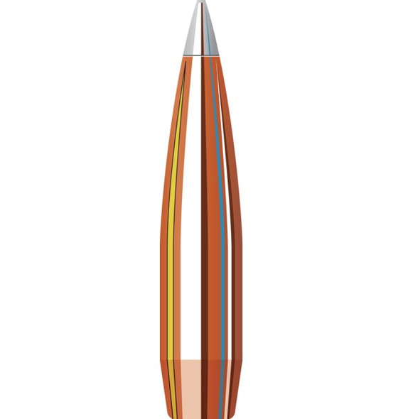 Illustration of a Hornady 416 Cal .416 500 grain A-Tip Match bullet, product number 41697, designed for a 1-12" twist rate. This high-performance bullet features a copper body with aerodynamic colored bands and a precision silver tip, engineered for stability and accuracy. Ideal for long-range shooting competitions, highlighted with a focus on its advanced design and features.