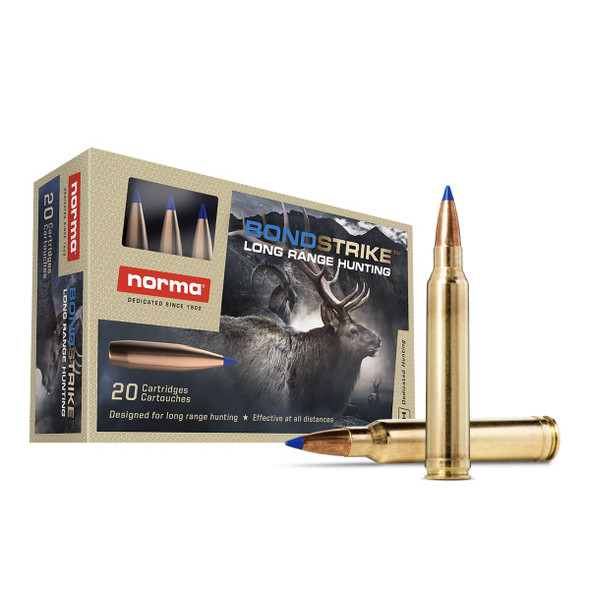 Packaging and ammunition display for Norma 6.5 PRC 143gr Bondstrike, showing the box and two cartridges. The box features high-quality graphic of a large bull elk, highlighting the product's suitability for long-range hunting. Product details are clearly visible, indicating 20 cartridges per box with the Bondstrike design, known for precise accuracy and deep penetration, ideal for big game hunting.
