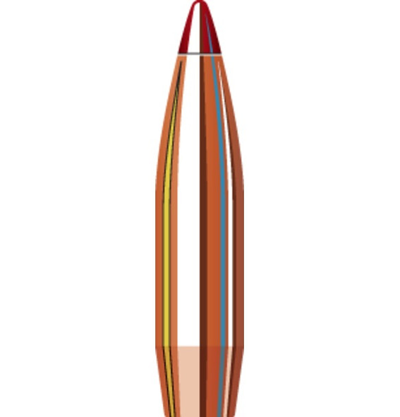 Illustration of a Hornady 22 Cal .224 75 grain ELD Match bullet, product number 22791, designed for a 1-8" twist rate. This high-performance bullet features a copper body with aerodynamic colored bands and a red polymer tip, engineered for exceptional stability and accuracy. Ideal for competitive shooting and precision target practice, highlighted with a focus on its advanced design and features.