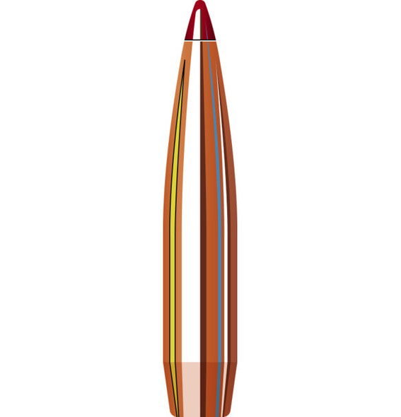 Illustration of a Hornady 25 Cal .257 134 grain ELD Match bullet, product number 2561, designed for a 1-7.5" twist rate. This high-performance bullet features a copper body with aerodynamic colored bands and a red polymer tip, engineered for exceptional stability and accuracy. Ideal for competitive shooting and precision target practice, highlighted with a focus on its advanced design and features.