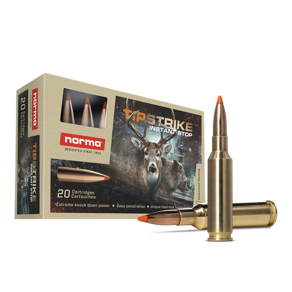 The image displays a box of Norma Ammunition labeled as 6.5 Creedmoor with 140gr Tipstrike bullets, packaged in a quantity of 20 rounds. This ammunition is particularly designed for hunting, featuring the Tipstrike projectile which is engineered for exceptional expansion and terminal performance, ensuring effective and ethical kills. The box art highlights a deer, emphasizing its suitability for big game hunting. This product is promoted for its precision, designed to provide consistent performance and reliability for hunters aiming for precise shots at medium to long distances.