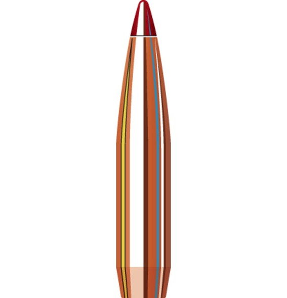 Illustration of a Hornady 6.5mm .264 147 grain ELD Match bullet, product number 26333, designed for a 1-8" twist rate. This high-performance bullet features a copper body with aerodynamic colored bands and a red polymer tip, engineered for exceptional stability and accuracy. Ideal for competitive shooting and precision target practice, highlighted with a focus on its advanced design and features.