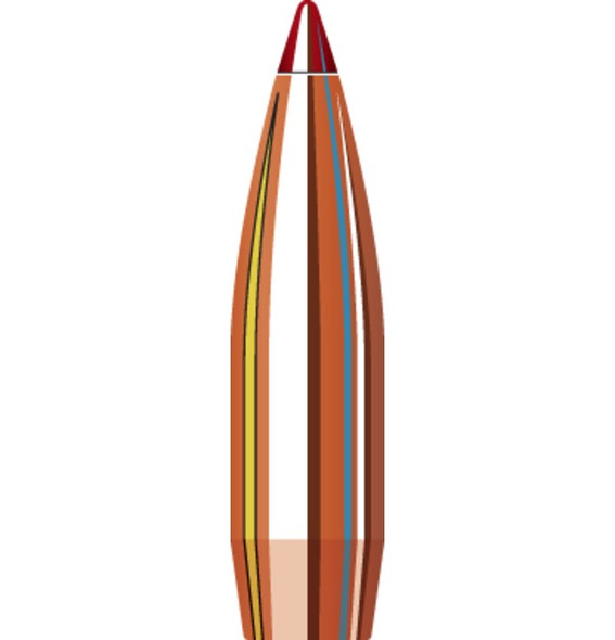 Illustration of a Hornady 30 Cal .308 168 grain ELD Match bullet, product number 30506, designed for a 1-12" twist rate. This high-performance bullet features a copper body with aerodynamic colored bands and a red polymer tip, engineered for exceptional stability and accuracy. Ideal for competitive shooting and precision target practice, highlighted with a focus on its advanced design and features.