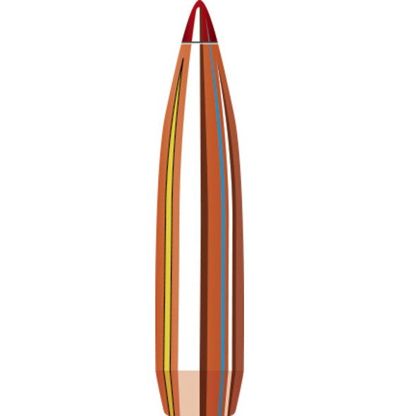 Illustration of a Hornady 30 Cal .308 208 grain ELD Match bullet, product number 30731, designed for a 1-10" twist rate. This high-performance bullet features a copper body with aerodynamic colored bands and a red polymer tip, engineered for exceptional stability and accuracy. Ideal for competitive shooting and precision target practice, highlighted with a focus on its advanced design and features.
