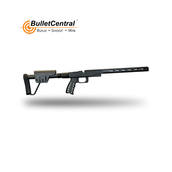 The image displays the XLR Industries Element 4.0 MG Chassis, configured with a Bumblebee Inlet and finished in a sleek Graphite Black. This chassis incorporates a Smoke Carbon Buttstock and a Carbon Fiber Grip, ensuring an optimal balance between lightweight construction and sturdy performance. The chassis's foldable stock feature adds a layer of convenience for transportation, allowing for a more compact form factor without sacrificing the rigidity needed for precision shots. The Graphite Black finish provides a classic and professional look, ideal for shooters who demand a perfect blend of stealth and style in their shooting setup. This chassis is the foundation for a state-of-the-art rifle system designed for precision enthusiasts and tactical professionals alike.