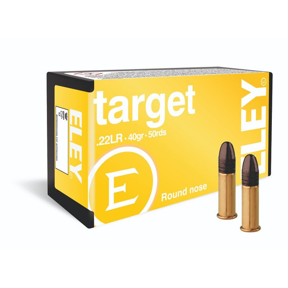 Box of Eley Target .22LR 40 grain RN ammunition, quantity 50 rounds, displayed alongside two individual cartridges. The box is bright yellow with the black and white Eley logo prominently displayed. This ammunition is favored for its reliability and cost-effectiveness, featuring a round nose design that provides consistent performance for recreational shooting and basic target practice.