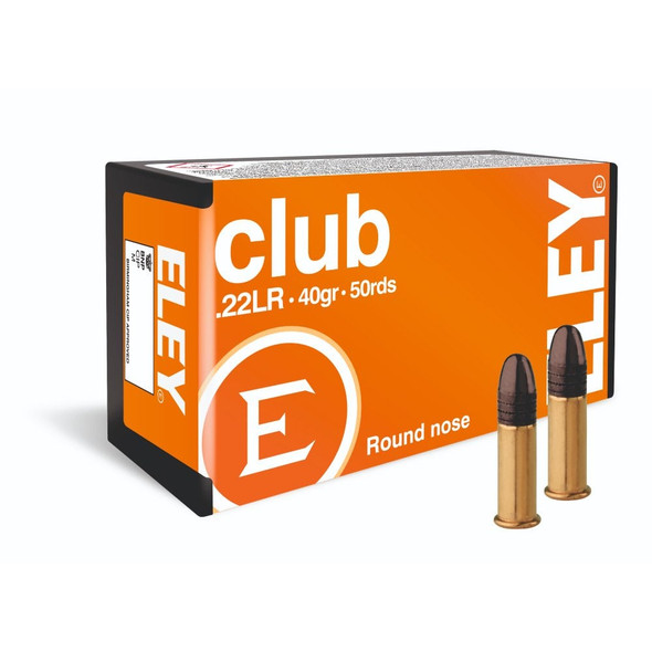Box of Eley Club .22LR 40 grain RN ammunition, quantity 50 rounds, displayed alongside two individual cartridges. The box is a vibrant orange with the white and black Eley logo, tailored for club and recreational shooters. Known for its excellent reliability and consistent performance, this ammunition is ideal for both practice and informal competitions, providing great value for routine shooting activities.