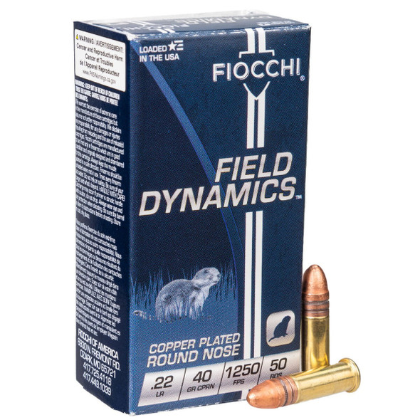 Box of Fiocchi Field Dynamics .22LR 40 grain RN ammunition, quantity 50 rounds, displayed alongside a copper-plated round nose bullet. The box is predominantly blue with white and gray accents, labeled prominently with the Fiocchi logo and product specifications. This ammunition is designed for reliability and consistent performance, making it suitable for a variety of shooting disciplines, including target practice and small game hunting.
