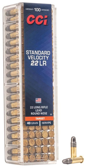 CCI Standard Velocity .22LR 40 grain RN ammunition box with 100 rounds displayed vertically. The transparent portion of the box allows a full view of the golden round nose bullets, neatly organized. This packaging design highlights the ammunition's specifics for easy identification, with a deep blue background and text that describes its target use and 40-grain weight. An individual round is also displayed beside the box, showcasing its brass casing and round nose bullet.