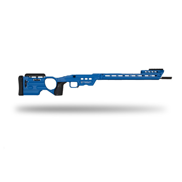 MasterPiece Arms Matrix Pro Chassis for Remington Short Action inlet, right-handed configuration, in vibrant blue color, isolated on a white background.