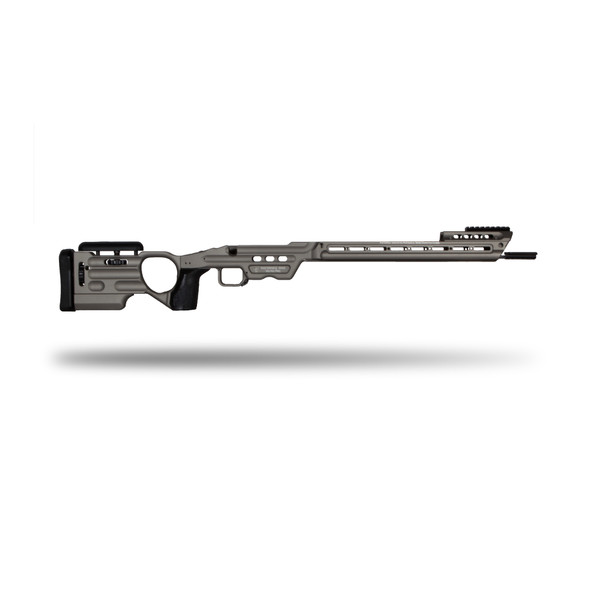 MasterPiece Arms Matrix Pro Chassis for Remington Short Action inlet, right-handed configuration, in sleek gunmetal color, against a white background.