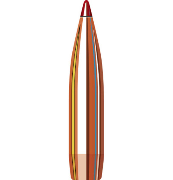 Illustration of a Hornady 7mm .284 162 grain ELD Match bullet, product number 28403. This high-performance bullet features a copper body with aerodynamic colored bands and a red polymer tip, engineered for exceptional stability and accuracy. Ideal for competitive shooting and precision target practice, highlighted with a focus on its advanced design and features, suitable for rifles with appropriate twist rates.