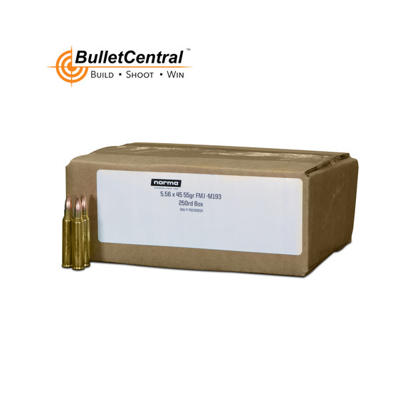 The image displays a product box of Norma Ammunition containing 250 rounds of 5.56x45 NATO 55gr FMJ ammunition. The box is colored brown and features a label that specifies the contents and quantity. This type of packaging is commonly used for bulk ammunition purchases, offering a practical and cost-effective solution for frequent shooters or those stocking up on rounds. The rounds themselves appear to be full metal jacket (FMJ) bullets, which are typically used for training and target shooting due to their consistent performance and relatively low cost.