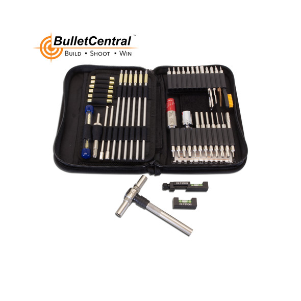 Open view of the Fix It Sticks Long Range Competition Toolkit, with an All-In-One Torque Driver and various precision bits neatly arranged in a black zippered case, branded by Bullet Central, ideal for detailed firearm adjustments.