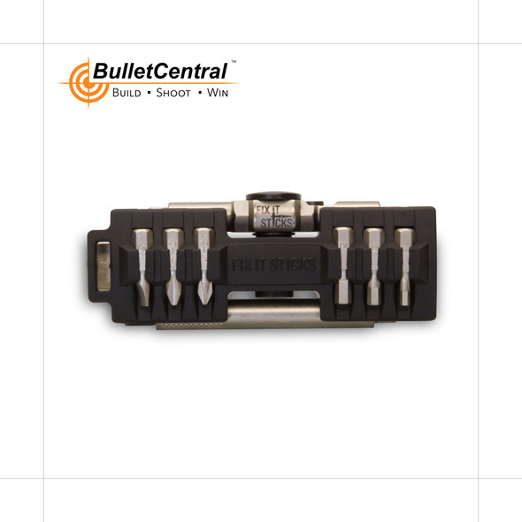 Black bit holder containing various precision bits, part of the Fix It Sticks Compact Ratcheting Multi-Tool set, displayed with a central ratchet tool, for efficient and convenient adjustments.