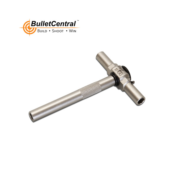 Fix It Sticks Ratcheting T-Way Wrench presented by Bullet Central, featuring a knurled silver handle and a three-way ratcheting mechanism for efficient and versatile firearm maintenance.