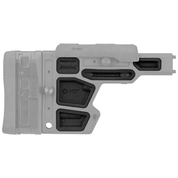 SRS-X Elite Buttstock with these innovative MDT Dampeners. The gray and black design integrates seamlessly with the buttstock, adding a layer of cushioning that absorbs recoil and reduces the physical strain on shooters during extended periods of use. These dampeners are made from durable materials that withstand the toughest conditions while providing a stable and comfortable shoulder rest. The added MDT branding on the dampeners emphasizes their quality and compatibility with the SRS-X Elite system, making them a perfect fit for shooters looking to improve their shooting experience with reliable and ergonomic accessories.