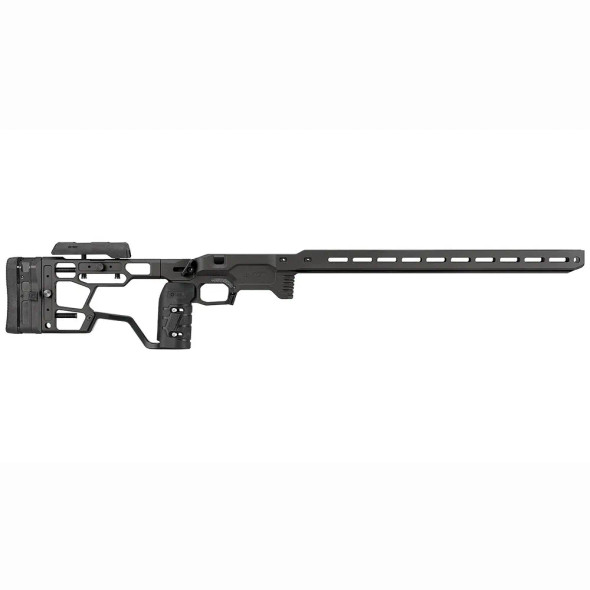 The image shows the MDT ACC Elite Chassis System in black (BLK) for the Remington 700 short action (SA), designed for right-handed (RH) users, with the part number (106557-BLK). This chassis system is a popular choice among precision shooters for its fully adjustable buttstock and cheek riser, providing a customizable and stable shooting platform. The forend is equipped with M-LOK slots for attaching accessories, and the overall design is engineered to enhance shooting accuracy and comfort. MDT's chassis systems are known for their robust construction and adaptability to various shooting disciplines.