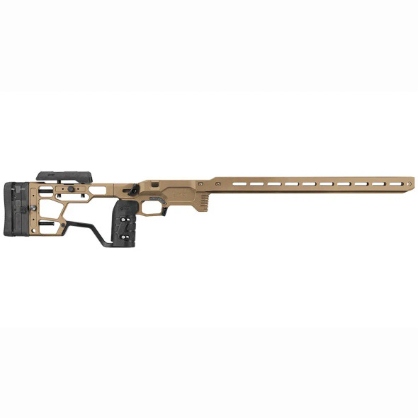 The image showcases the MDT ACC (Adjustable Core Competition) Elite Chassis System for the Remington 700 short action (SA), right-hand (RH) shooter configuration. This particular model is finished in Flat Dark Earth (FDE), as indicated by the part number (106557-FDE). The chassis is designed for precision shooting, featuring a full-length forend with M-LOK slots for the mounting of accessories and a fully adjustable buttstock for a custom fit. The ACC Elite Chassis System is known for enhancing accuracy through improved ergonomics and stable shooting platform customization. MDT is a trusted brand among shooters for creating high-quality, performance-oriented chassis systems.