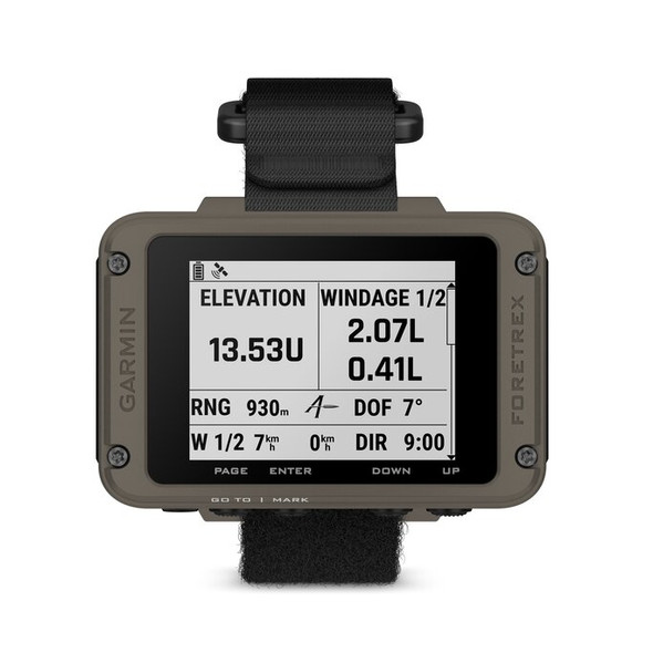 Here we have the Garmin Foretrex 901 displayed with a screen showing ballistic calculations, such as elevation and windage adjustments, range to target, wind speed and direction, and direction of fire. This wrist-mounted device is providing critical shooting solution data that would be used by a marksman to adjust their rifle scope for a precise long-range shot. The displayed information takes into account environmental factors and ballistics data to help ensure accuracy over long distances. The compact and hands-free design is especially useful in scenarios where quick reference to such data is essential, without the need to manipulate a handheld device.