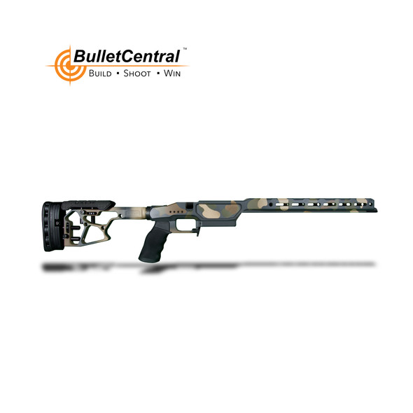 The image features the XLR Industries Envy Pro Chassis tailored for the Remington 700 Short Action, finished with a Cerakote VA Multi-Cam pattern. This chassis is fitted with a C-6 Buttstock, also in Cerakote VA Multi-Cam, and an Ergo Grip, creating a cohesive and customized look. The fixed stock design is for shooters preferring a solid, non-folding setup, which provides a stable and consistent platform for precision shooting. The camouflage pattern is not only visually striking but also functional for blending into various environments, making it suitable for tactical applications as well as competitive shooting. The Envy Pro Chassis system is recognized for its ergonomic design and modularity, offering shooters a high degree of customization to suit their individual preferences and shooting styles.