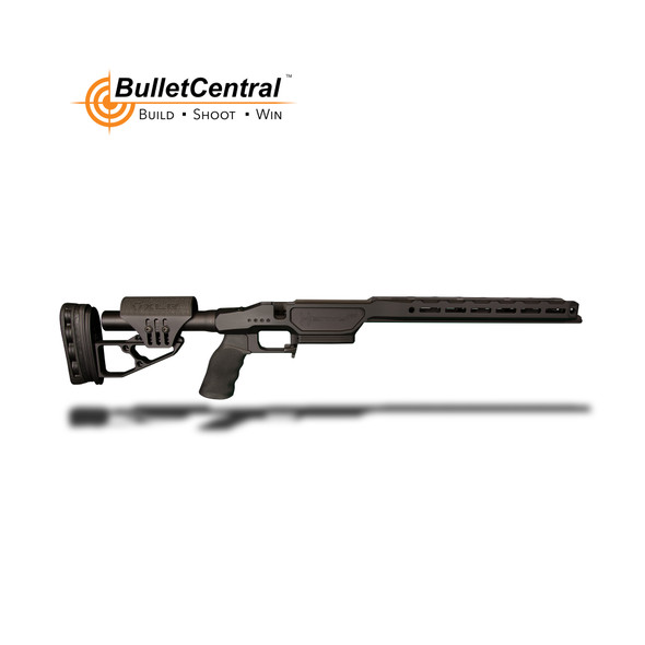 The image features the XLR Industries Envy Pro Chassis, crafted for the Remington 700 Short Action, and presented in a sleek Anodized Black finish. This configuration includes a TR-2 Buttstock in matching Anodized Black, alongside an Ergo Grip, ensuring both ergonomic comfort and a unified, tactical aesthetic. The fixed stock design provides a stable and reliable shooting platform, essential for precision shooting. This chassis system is an excellent choice for those seeking a sophisticated, modern look combined with the durability and precision that XLR Industries is known for in their rifle chassis designs.