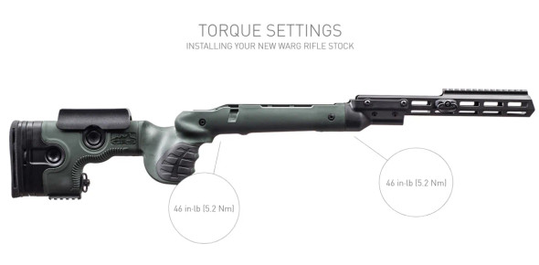 Illustrative image of a GRS Warg rifle stock in green for Tikka T3/T3X, highlighting the recommended torque settings for bolt tightening. The graphic showcases a side view of the stock, detailing ergonomic features such as the adjustable cheek rest and length of pull. Circles indicate critical areas for adjustments at the butt and forend, emphasizing precision setup for optimal rifle performance. The backdrop is plain to enhance focus on the stock's details.